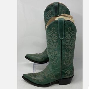 NWOT Old Gringo Yippee Ki Yay Turquoise w/Gold Embroidery Heeled Boots.   Size 6